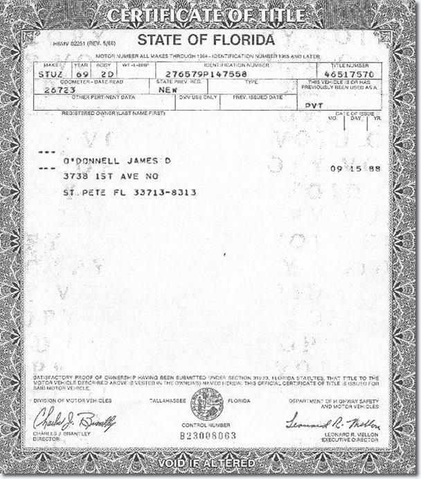 Copy of the 'Certificate of Title' for the Pontiac Grand Prix.